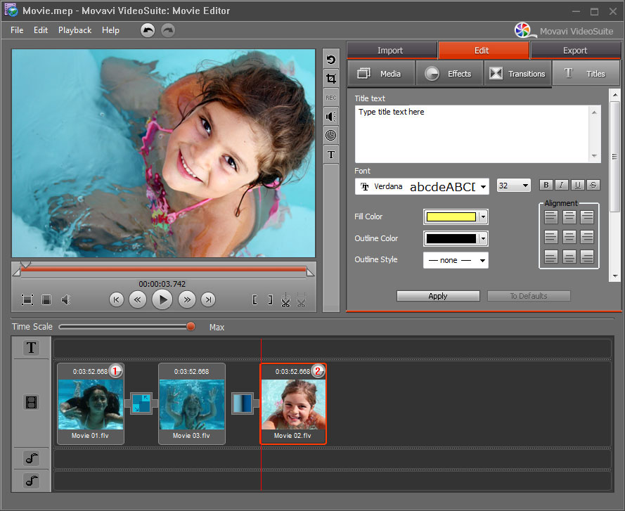 MP4 Editor Edit MPG Video, Add Soundtracks and titles, Apply Effects